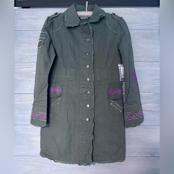 Tasha Polizzi Hamilton Embroidered Stud Embellished Green Cotton Duster Jacket S - Picture 2 of 7